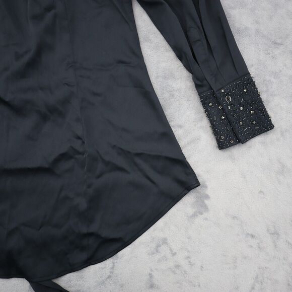 Pleated Shirt Womens Black Long Sleeve Rhinestone Beaded Button Tunic Blouse - Picture 11 of 16